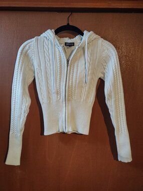 Harper & Ivy Cable Knit Zip Up Hoodie Sweater Cream Fitted Cropped Cozy Women’s